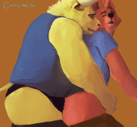 anthro clothing duo fur horn male male/male male_anthro overweight overweight_anthro overweight_male red_body red_fur shirt simple_background slightly_chubby slightly_chubby_anthro slightly_chubby_male tail topwear yellow_body yellow_fur cosmic_dog bovid bovine canid canine canis cattle domestic_dog mammal 2024