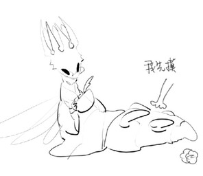 7_horns ambiguous_gender anthro black_eyes bottomless bottomless_taur clothed clothing eyewear flower glasses holding_object holding_quill horn insect_wings loose_feather lying multi_horn on_back plant quill robe simple_background sitting solo text wearing_glasses white_background white_body white_clothing white_head white_robe wings writing_utensil oxide_cat hollow_knight_(franchise) team_cherry pale_king_(hollow_knight) arthropod arthropod_taur insect insect_taur taur 2025 chinese_text digital_media_(artwork) monochrome sketch translation_request male_(lore)