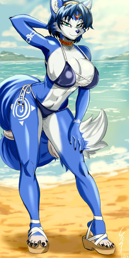 5_fingers 5_toes accessory anthro beach big_breasts bikini blue_bikini blue_body blue_clothing blue_fur blue_hair blue_nose blue_swimwear blue_tail breasts choker cleavage clothed clothing cloud curvy_figure dipstick_tail eyebrows eyelashes feet female female_anthro fingers footwear fur fur_markings hair hair_accessory hairband half-closed_eyes hand_behind_head huge_breasts humanoid_feet humanoid_hands jewelry looking_at_viewer markings multicolored_body multicolored_fur narrowed_eyes necklace plantigrade seaside shoes short_hair side-tie_bikini sky smile solo standing string_bikini swimwear tail tail_markings teal_eyes toes two-piece_swimsuit two_tone_body two_tone_fur voluptuous voluptuous_anthro voluptuous_female water white_body white_fur ghostinhood nintendo star_fox krystal_(star_fox) canid canine fox mammal 2026 dated digital_media_(artwork) hi_res signature