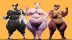 anthro big_breasts breasts ears_down facial_horn featureless_breasts female gesture group hand_gesture horn looking_at_viewer nose_horn obese overweight overweight_female pig_nose pivoted_ears snout thumbs_up trio waving waving_at_viewer wolke pudgy_pig_(wolke) domestic_pig mammal suid suina sus_(pig) 16:9 3d_(artwork) digital_media_(artwork) widescreen