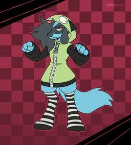 ambiguous_gender anthro black_hair blue_body blue_fur checkered checkered_background clothing fluffy fluffy_hair fluffy_tail fur hair hood_up hoodie legwear pattern_background pattern_clothing pattern_legwear paws pokemorph raised_paw red_background simple_background solo striped_clothing striped_legwear stripes tail thigh_highs topwear somesacredbird invader_zim nickelodeon nintendo pokemon fan_character gir_(invader_zim) riolu_(somesacredbird) generation_4_pokemon pokemon_(species) riolu hi_res