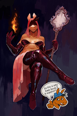 alternate_species ambiguous_gender anthro armwear boots bra breasts clothing crossed_legs dialogue elbow_gloves elemental_manipulation female fire fire_manipulation footwear gloves handwear holding_object holding_staff legwear magic_user obscured_eyes shoes solo staff text thigh_boots thigh_highs underwear redic-nomad dark_souls fromsoftware desert_sorceress equid equine horse mammal 2026 english_text hi_res male_(lore)