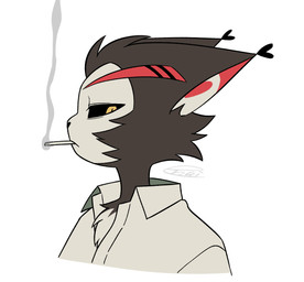 anthro cigarette cigarette_in_mouth clothed clothing male object_in_mouth simple_background smoking smoking_cigarette solo white_background enaic31 hazbin_hotel hellaverse husk_(hazbin_hotel) demon domestic_cat felid feline felis mammal hi_res