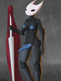 anthro big_breasts black_body black_eyes blue_genitals blue_nipples blue_penis bodily_fluids breasts clitoral_hood clitoris clothing exoskeleton genital_fluids genitals gynomorph horn intersex looking_at_viewer mask melee_weapon nipples nude penis simple_background slit_penis solo sword weapon nibisu hollow_knight_(franchise) team_cherry hornet_(hollow_knight) arthropod humanoid insect 3:4 absurd_res hi_res