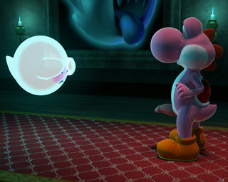 4_fingers ambiguous_gender anthro blush candle clothing covering covering_face duo fingers footwear genitals half-erect inside male nude painting_(object) penis shoes shy side_view standing translucent translucent_body cinnamoncookies mario_bros nintendo boo_(mario) ghost pink_yoshi scalie spirit yoshi 2016 3d_(artwork) 5:4 digital_media_(artwork)