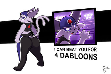 anthro big_butt black_clothing bottomwear butt claws clothed clothing crop_top fighting_ring fist fur glistening glistening_eyes leggings legwear lights lucha_libre_mask male mask midriff on_ground pose purple_body purple_fur rear_view serious shirt solo sports_mask sportswear standing text thick_thighs topwear wrestler wrestling_mask wrestling_outfit golde dabloons_(meme) nintendo pokemon eeveelution espeon generation_2_pokemon pokemon_(species) 3:2 digital_media_(artwork) english_text hi_res