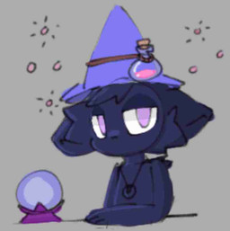 ambiguous_gender anthro arm_behind clothing crystal_ball effects fur furniture hat headgear headwear jewelry mouthless necklace potion purple_eyes solo table wizard_hat substantial_break unknown_species character_request