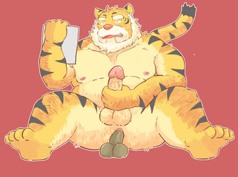 anal anal_masturbation anal_penetration anthro balls belly dildo dildo_in_ass dildo_insertion erection genitals humanoid_genitalia humanoid_hands humanoid_penis kemono male masturbation moobs nipples object_in_ass overweight overweight_anthro overweight_male penetration penis red_background sex_toy sex_toy_in_ass sex_toy_insertion simple_background sitting solo andikapatok aubert_(fst) felid mammal pantherine tiger 2015 hi_res