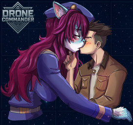 anthro big_breasts blue_body blue_fur blush breasts clothed clothed_anthro clothing duo female fur hair hat headgear headwear jacket kiss_on_lips kissing larger_female logo male male/female military_beret red_hair size_difference text topwear uniform murchie drone_commander kira_(drone_commander) straker_(drone_commander) felid feline human mammal sekarri english_text hi_res