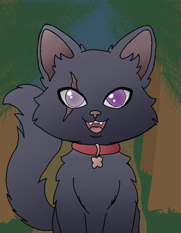 ambiguous_gender cheek_tuft collar facial_tuft feral fluffy fluffy_tail forest_background half_blind open_mouth purple_eyes red_collar scar simple_background sitting solo tail teeth_showing toony tuft candorkatt richie_candor domestic_cat felid feline felis mammal