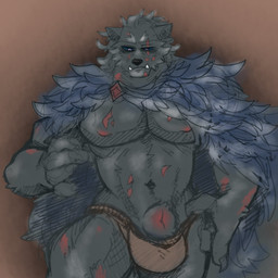 animal_genitalia anthro black_sclera bulge cape clothing fully_sheathed fur genitals grey_body grey_fur looking_down male muscular muscular_anthro muscular_male navel nipples pecs red_sheath scar sheath solo thong underwear hotoshuken elden_ring fromsoftware blaidd_(elden_ring) canid canine canis mammal wolf 1:1 hi_res