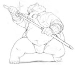 anthro asian_clothing belly big_belly blush bulge clothing east_asian_clothing fundoshi japanese_clothing kemono male moobs navel nipples overweight overweight_male scar solo underwear weapon magumataishi lifewonders tokyo_afterschool_summoners moritaka_(tas) canid canine canis domestic_dog mammal 2017 monochrome