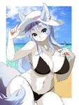 5_fingers :3 >:3 anthro beach big_breasts bikini biped black_bikini black_bottomwear black_clothing black_swimwear black_topwear blue_body blue_ears blue_fur blue_hair blue_tail blue_tail_tip border bottomwear breasts chest_tuft cleavage clothed clothing cloud day detailed_background dipstick_tail eyelashes female female_anthro fingerpads fingers fluffy fluffy_tail front_view full_cleavage fur furgonomic_headwear furgonomics green_eyes grey_tail hair hat headgear headwear highlights_(coloring) humanoid_hands inner_ear_fluff kemono long_hair looking_at_viewer markings midriff multicolored_body multicolored_ears multicolored_fur multicolored_hair multicolored_tail navel outside pawpads pink_nose pink_pawpads pose sand seaside sky solo standing swimwear tail tail_markings topwear tuft two-piece_swimsuit two_tone_body two_tone_ears two_tone_fur two_tone_hair two_tone_tail water white_body white_border white_fur white_hair white_highlights white_inner_ear white_inner_ear_fluff wide_hips manmaru_mao felid feline mammal 2023 3:4 absurd_res cel_shading colored digital_media_(artwork) hi_res pinup portrait shaded three-quarter_portrait