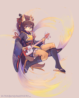 amber_eyes anthro asian_clothing bachi black_nose breasts brown_hair clothing east_asian_clothing female hair japanese_clothing legwear musical_instrument plucked_string_instrument shamisen smile solo stockings string_instrument tan_body ultrabondagefairy sanrio show_by_rock!! a_(show_by_rock!!) canid canine fox mammal 2020 absurd_res hi_res