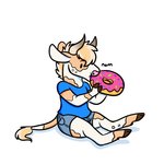 anthro biped blue_clothing blue_shirt blue_topwear bottomwear clothed clothing dessert doughnut eating food frosting fully_clothed horn male pastry shirt shorts simple_background sitting solo sprinkles topwear white_background goldiescales anthony_(goldiescales) bovid bovine cattle mammal 1:1 2018 low_res trans_(lore) trans_man_(lore)