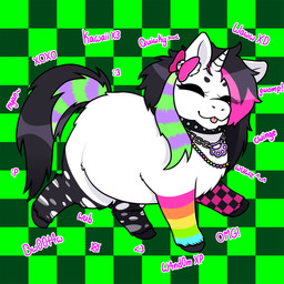 1_horn alternative_fashion armwear black_clothing black_collar black_hair black_hooves black_legwear black_tail checkered checkered_armwear checkered_background checkered_clothing clothing collar eyelashes eyes_closed female feral fur hair highlights_(coloring) hooves horn jewelry legwear mouth_closed multicolored_armwear multicolored_clothing multicolored_jewelry multicolored_necklace necklace pattern_armwear pattern_background pattern_clothing pink_highlights quadruped rainbow_armwear rainbow_clothing rainbow_jewelry rainbow_necklace rainbow_symbol scene_(fashion) side_view simple_background smile solo spiked_collar spikes spiral_horn standing tail text tongue tongue_out white_body white_fur poyoboyouwu fluffy_pony fluffy_pony_(species) mammal 1:1 2026 digital_media_(artwork) english_description english_text hi_res shaded