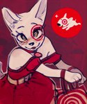 :3 anthro black_nose blep blush clothed clothing collar dress eyebrows eyelashes facial_markings female fingers fully_clothed fur head_markings high-angle_view holding_bag inner_ear_fluff looking_at_viewer looking_up looking_up_at_viewer markings mascot red_body red_clothing red_collar red_dress red_fur red_markings red_tongue reference_image snout solo tail tan_body tan_fur three-quarter_view tongue tongue_out tuft yellow_eyes goshhhh target_corporation bullseye_(target) spot_(jayrnski) bird_dog bull_terrier canid canine canis domestic_dog hunting_dog mammal spaniel terrier 2024 digital_media_(artwork) half-length_portrait hi_res portrait