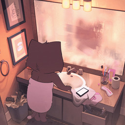 ambiguous_gender anthro bathroom biped brown_body brown_fur cellphone door electronics eyelashes eyeliner fur hair hairball lamp makeup mirror phone photo short_hair sink smartphone solo steam tail toilet towel towel_only vomiting whiskers itsdanfango jalei_(itsdanfango) domestic_cat felid feline felis mammal 1:1 2024 2d_animation animated