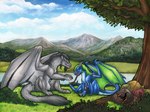 ambiguous_gender black_hair claws day detailed_background duo feral fur green_hair hair outside sky tail natoli mythology dragon furred_dragon furred_scalie mythological_creature mythological_scalie scalie 2022 traditional_media_(artwork)