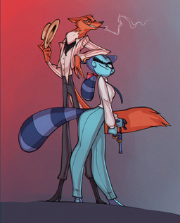 4_fingers 5_fingers anthro biped black_nose blue_body blue_eyes blue_fur bottomwear breasts butt cigarette cigarette_in_mouth clothed clothed_anthro clothed_female clothed_male clothing duo eyewear female fingers footwear fur glasses gun hair handgun hat headgear headwear holding_clothing holding_hat holding_headgear holding_headwear holding_object humanoid_hands male male/female markings object_in_mouth pants ranged_weapon red_body red_fur red_sclera revolver ring_(marking) ringed_tail shoes smile smirk standing striped_markings striped_tail stripes suspenders tail tail_markings teeth weapon wearing_glasses white_eyes bigdad cazadora_(rentonreverb) dandy_(rentonreverb) canid canine canis coyote mammal procyonid raccoon