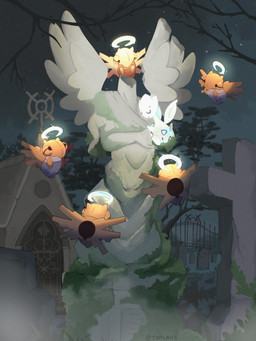ambiguous_gender cemetery feral group moss plant sculpture statue tombstone white_body wings taplaos nintendo pokemon generation_2_pokemon generation_3_pokemon pokemon_(species) shedinja togetic absurd_res hi_res