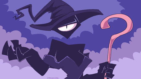 1_eye 4_fingers black_body black_breasts black_eyes black_skin breasts clothing cloud dress female female_humanoid fingers floating_head grey_clothing grey_dress grey_hat grey_headwear half-closed_eyes hat headgear headwear holding_object holding_staff looking_at_viewer mouthless narrowed_eyes not_furry solo staff text white_sclera witch_hat stradomyre prisma_(fr0gv0re) humanoid shape_head 16:9 2022 artist_name watermark widescreen
