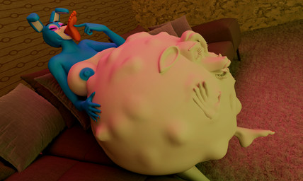 anthro belly big_belly big_breasts blue_body breasts digestion digestion_implied digestion_sequence feet female female_pred furniture huge_belly imprint living_room machine multicolored_body multiple_prey nipples nude on_sofa oral_vore playful seductive sitting sitting_on_sofa sofa solo vore white_body bunnnyboi disembowell_(modeler) red-eye_(modeler) five_nights_at_freddy's five_nights_at_freddy's_2 scottgames chica_(fnaf) mangle_(fnaf) toy_bonnie_(fnaf) android animatronic lagomorph leporid mammal rabbit robot 3d_(artwork) absurd_res digital_media_(artwork) hi_res