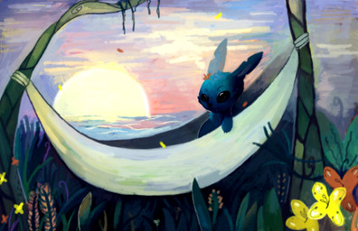 alternate_form ambiguous_gender blue_body blue_eyes blue_fur blue_nose chest_tuft cute_fangs fangs flower fur hammock head_tuft notched_ear outside palm_tree plant sea smile solo sunset teeth tree tuft water blekc disney lilo_and_stitch stitch_(lilo_and_stitch) alien experiment_(lilo_and_stitch) 2018 digital_media_(artwork) digital_painting_(artwork) painting_(artwork)