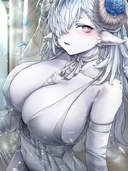anthro big_breasts biped blush breasts clothed clothing dress eyelashes female female_anthro fur hair horn huge_breasts solo standing wedding_dress white_body white_fur white_hair mimideu64931 sani_yang's_laboratory sani_yang bovid caprine dall_sheep mammal sheep 2026 3:4 hi_res