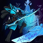 ambiguous_gender anthro blue_body blue_fur duo fur holding_object ice ice_sword looking_at_viewer melee_weapon simple_background sword text weapon nyxed nintendo pokemon runescape arch_glacor canid canine elemental_creature generation_4_pokemon glacor lucario mammal pokemon_(species) 1:1 digital_media_(artwork) english_text hi_res signature