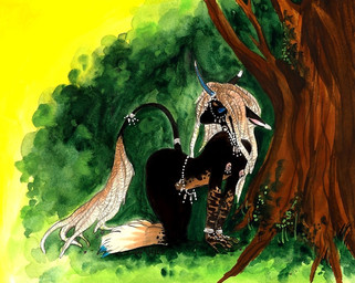 all_fours anthro belly_chain black_body black_fur breasts detailed_background dreadlocks fantasy female forest fur hooves horn jewelry looking_back nature nipple_piercing nipples nude outside piercing plant raised_tail small_breasts solo tail tree waist_accessory wood young littledoll epona_(littledoll) equid equine horse mammal
