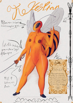 4_arms antennae_(anatomy) anthro arthropod_abdomen breasts clothing compound_eyes female footwear genitals insect_wings multi_arm multi_limb nipples non-mammal_nipples nude ocellis shoes simple_background solo tall text thick_thighs vulva white_background wings yellow_body alostcarolean vespian_(alostcarolean) arthropod hymenopteran insect wasp absurd_res english_text hi_res model_sheet shaded