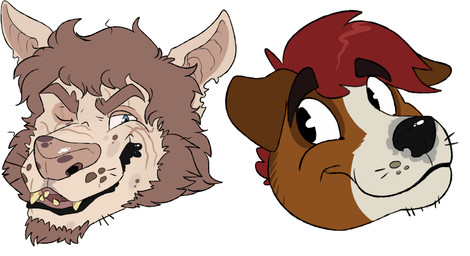 anthro beard black_eyebrows black_nose blue_eyes brown_beard brown_body brown_ears brown_eyebrows brown_facial_hair brown_fur brown_hair duo eyebrows facial_hair floppy_ears fur glistening glistening_eyes glistening_nose goatee hair looking_aside male mouth_closed red_hair simple_background simple_eyes smile tan_body unsigned white_background white_body white_fur swampjaws hugh_(imperatorcaesar) canid canine canis domestic_dog mammal headshot_portrait hi_res portrait