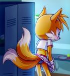 2_tails anthro ball blush bottomwear clothed clothing crossdressing male multi_tail panties skirt solo sport sportswear tail tail_under_skirt tennis tennis_ball tennis_racket underwear upskirt topazice sega sonic_the_hedgehog_(series) miles_prower canid canine fox mammal hi_res