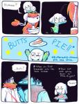 aftertale animated_skeleton blood bodily_fluids bone comic dessert dialogue english_text food frisk_(undertale) human humanoid loverofpiggies mammal not_furry papyrus_(undertale) pastry pie plate sans_(undertale) simple_background skeleton star text undead undertale undertale_(series)