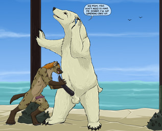 4_toes 5_fingers 5_toes animal_genitalia anthro balls beach black_claws black_nose black_pawpads black_penis bodily_fluids brown_eyes cellphone claws cloud day duo electronics feet fellatio fingers fur genital_fluids genitals gloves_(marking) grey_claws grey_pawpads holding_object imminent_vore inner_ear_fluff leg_markings male male/male mane markings multicolored_body multicolored_fur oral orange_eyes orange_mane outside pawpads penile penis penis_grab penis_size_difference phone pink_penis pink_tongue precum rock sand sex sharp_teeth sheath smartphone socks_(marking) spots standing tail tan_balls tan_body tan_fur tan_inner_ear_fluff teeth text toes tongue tongue_out tuft water white_balls white_body white_fur strega ambient_bird bear hyena mammal polar_bear spotted_hyena ursine english_text hi_res