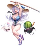 big_breasts blue_clothing blue_eyes blue_kerchief blue_swimwear bow_hat bow_shoes breasts clothed clothing clothing_bow female food footwear fruit hair hat headgear headwear holding_object huge_breasts kerchief light_body light_skin melee_weapon melon not_furry plant sandals shoes simple_background solo straw_hat sun_hat swimwear weapon white_background white_hair wooden_sword asahi taimanin_(series) merriam demon demon_humanoid familiar humanoid digital_media_(artwork)