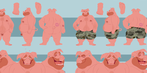 anthro beard belly belly_hair big_belly blue_eyes body_hair bottomwear brown_beard brown_facial_hair chest_hair closed_smile clothed clothing eyes_closed facial_hair feet floppy_ears foreskin front_view genitals green_bottomwear green_clothing green_shorts humanoid_feet humanoid_genitalia humanoid_penis male male_anthro markings moobs mouth_closed nude obese obese_anthro obese_male open_mouth open_smile overweight overweight_anthro overweight_male penis pink_body pink_skin plantigrade pubes rear_view shorts side_view simple_background smile solo star_(marking) topless chocolateandmilk domestic_pig mammal suid suine sus_(pig) absurd_res hi_res model_sheet