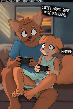 annoyed anthro clothed clothing controller dress duo female fur furniture game_controller gaming happy light light_beam male male/female open_mouth painting_(object) panties playing_video_game smile sofa sunbeam sunlight tail text underwear young young_anthro imprettynormai erin_(imprettynormai) sam_(imprettynormai) canid canine mammal absurd_res hi_res brother_(lore) brother_and_sister_(lore) sibling_(lore) sister_(lore)