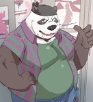 anthro black_body black_fur black_nose bottomwear clothing fur humanoid_hands kemono male overweight overweight_anthro overweight_male pants shirt solo topwear white_body white_fur train_(artist) bear giant_panda mammal 2021 hi_res