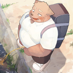 anthro backpack belly big_belly blush bodily_fluids bottomwear brown_body clothing detailed_background genital_fluids kemono male outside overweight overweight_male pants peeing shirt solo topwear urine chocobibear canid canine canis domestic_dog mammal 1:1 2023