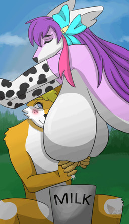 animal_print anthro big_breasts blush bodily_fluids bow_ribbon breast_milking breasts bucket container cow_print cowbell duo female huge_breasts lactating leaning male male/female milk milk_bucket milk_container milked_like_a_cow deanwolfwood kami_(kamiyama) vixy_(vixynyan) canid canine canis coyote domestic_dog fox mammal shiba_inu spitz true_fox animated animated_gif short_playtime