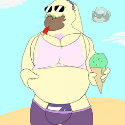 anthro balls beach belly belly_pinch bottomwear bottomwear_down bulge clothed clothing dessert eyewear eyewear_on_head food genitals hair hair_over_eyes ice_cream ice_cream_cone male musclegut muscular navel overweight partially_clothed pecs penis penis_base shorts shorts_down solo sunglasses sunglasses_on_head thong underwear wearing_sunglasses multisonicrules bandai_namco digimon angoramon digimon_(species) 1:1 hi_res