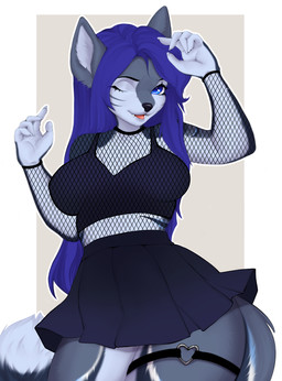 5_fingers anthro black_bottomwear black_clothing black_crop_top black_eyebrows black_nose black_shirt black_skirt black_topwear blue_eyes blue_hair bottomwear clothing crop_top eyebrows eyelashes fangs female fingers fishnet_clothing fishnet_topwear hair long_hair looking_at_viewer one_eye_closed open_mouth pose shirt skirt solo tail teeth topwear bambolbi canid canine canis mammal wolf colored digital_media_(artwork) hi_res shaded