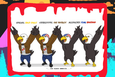 1980s_theme accessory_only alcohol american_flag angry anthro beer beverage beverage_can blood bodily_fluids boots bottomwear bright_colors casual_nudity chest_tuft clothing denim denim_bottomwear denim_clothing footwear gesture hand_gesture hands_up head_tuft horror_(theme) humor jacket jeans kerchief leather leather_clothing leather_jacket leather_topwear male no_genitals nude pants patriot quote shirt shoes solo t-shirt talon_screecher_(the_party_animals) tongue tongue_out topwear tuft united_states_of_america alystairphantem accipitrid accipitriform avian bird eagle absurd_res hi_res model_sheet