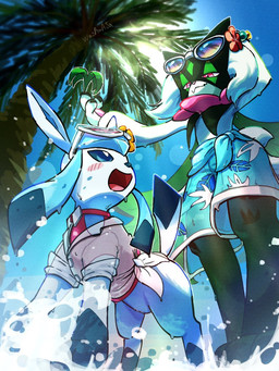 accessory ambiguous_gender anthro blue_body blue_eyes blue_sarong blue_sclera blush blush_lines bottomwear bracelet claws clothing duo eyewear eyewear_on_head feral flower flower_accessory flower_in_hair fur green_body green_fur green_hair hair hair_accessory half-closed_eyes happy holowear_(pokemon) jewelry looking_at_another low-angle_view narrowed_eyes open_mouth open_smile orange_flower palm_tree pawpads paws pink_clothing pink_eyes pink_topwear plant sarong sky smile sun sunglasses sunglasses_on_head tail tongue topwear translucent translucent_bottomwear translucent_clothing translucent_topwear tree water white_eyes white_eyewear white_sclera white_sunglasses wasawasa nintendo pokemon pokemon_unite beach_style_glaceon beach_style_meowscarada eeveelution felid feline generation_4_pokemon generation_9_pokemon glaceon mammal meowscarada pokemon_(species) 2025 3:4