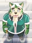 anthro beverage blush canned_drink eyebrows fur green_body green_fur high-angle_view male overweight overweight_male solo thick_eyebrows wristband inugamihito lifewonders live_a_hero mokdai canid canine canis domestic_dog mammal 3:4 hi_res