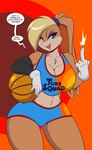 ball basketball_(ball) blonde_hair blue_eyes breasts clothing curvy_female curvy_figure female gesture gloves hair hand_gesture handwear looking_at_viewer middle_finger orange_background simple_background solo speech_bubble text wide_hips mastergodai looney_tunes tunesquad warner_brothers fan_character lola_bunny lagomorph leporid mammal rabbit english_text hi_res shaded simple_shading