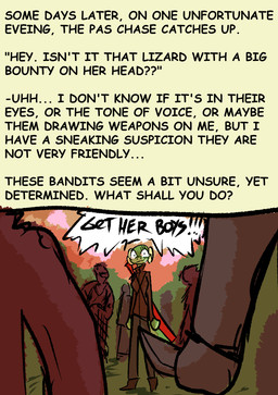 ambiguous_gender anthro clothed clothing dialogue female group horn knife melee_weapon sword tail text weapon brradett lernie_(brradett) scalie digital_media_(artwork) english_text hi_res