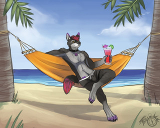 alcohol anthro beach beverage black_body black_fur bottomwear clothed clothing cocktail cocktail_garnish collar detailed_background food footprint fruit fur grey_body grey_fur hair hammock holding_glass holding_object lime looking_at_viewer male outside palm_tree pawprint plant purple_body purple_fur reclining red_hair sand sea seaside shorts sky smile solo tattoo topless tree umbrella water yellow_eyes trunorth vutez canid canine canis mammal wolf 2013 5:4